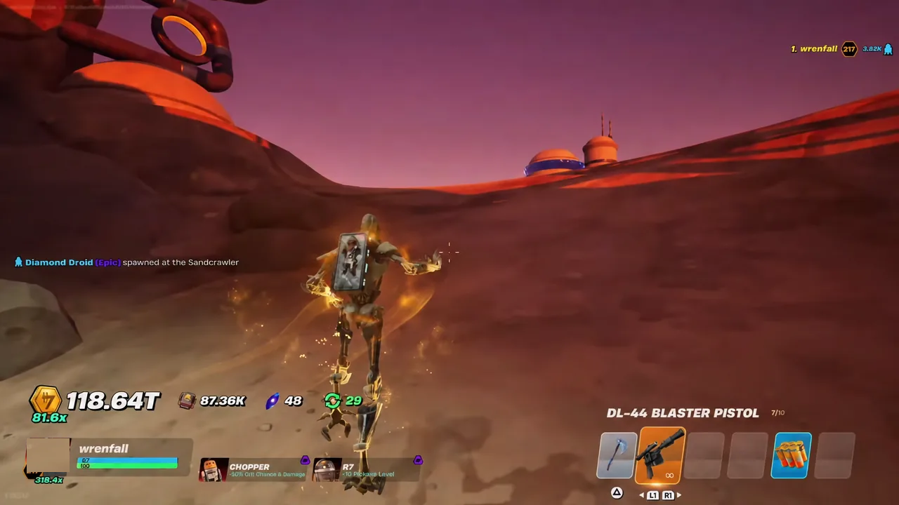 Character mid-jump during the climb with the DL-44 Blaster Pistol selected in the hotbar