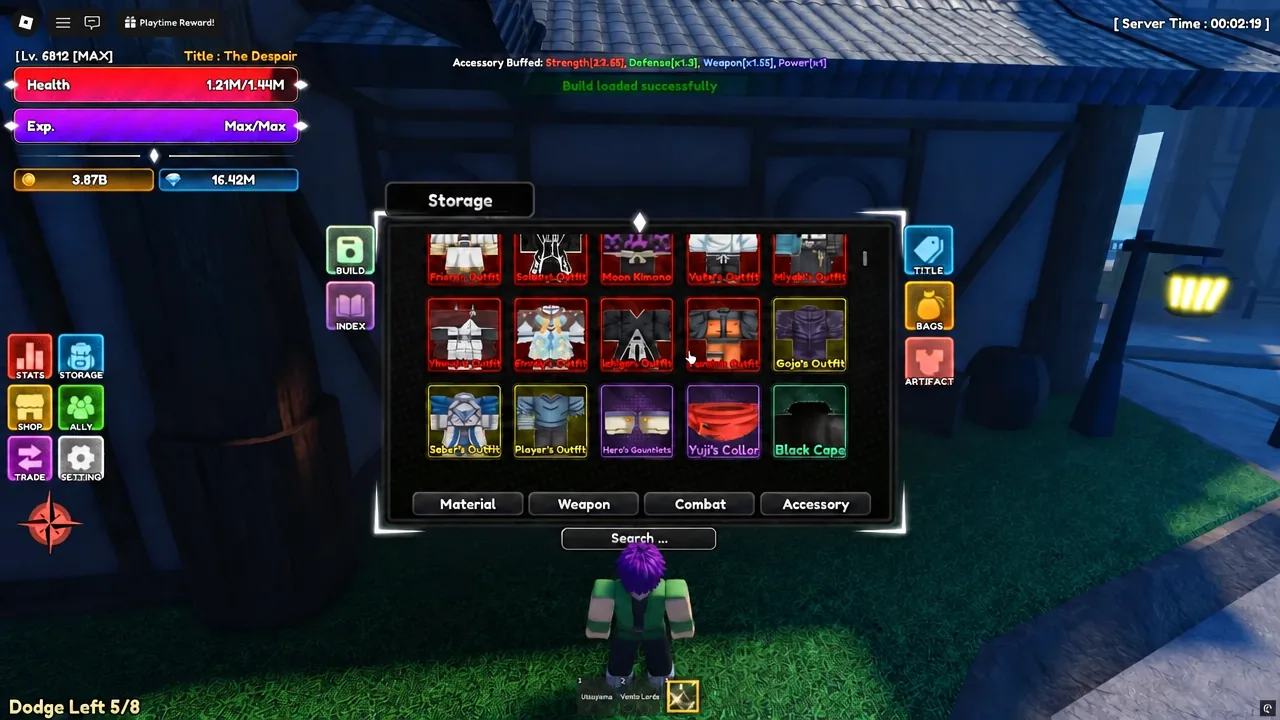 Lineage Piece Storage menu with Gojo's Outfit selected among stored items