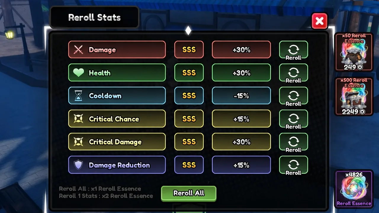 Reroll Stats menu in Lineage Piece with the Reroll All button available