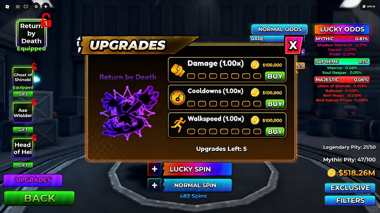 Upgrades screen with Return by Death selected and Damage, Cooldowns, and Walkspeed buy buttons