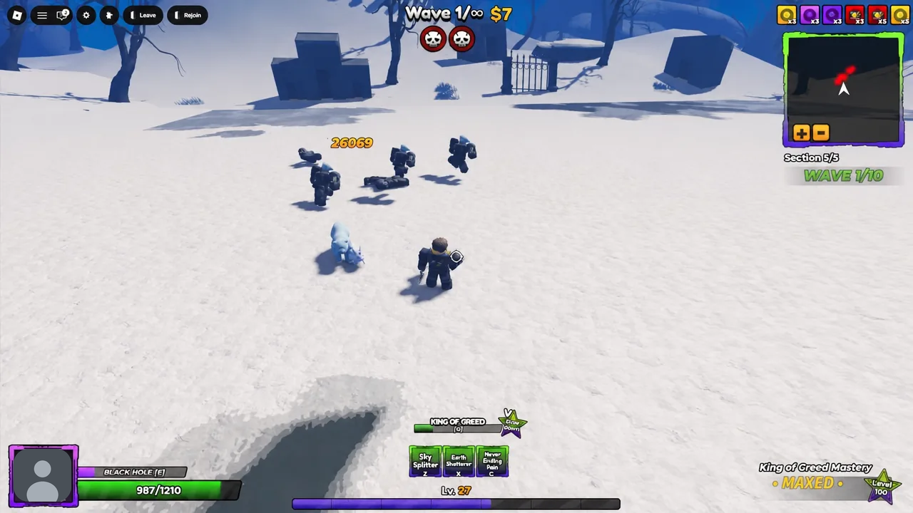 King of Greed clearing enemies on Wave 1 of Infinite mode with the section counter at 5/5