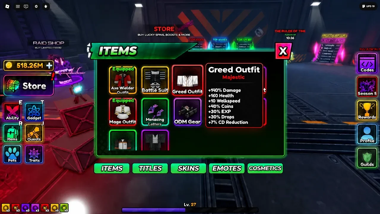 Items screen with the Greed Outfit highlighted, showing its Majestic stat rolls