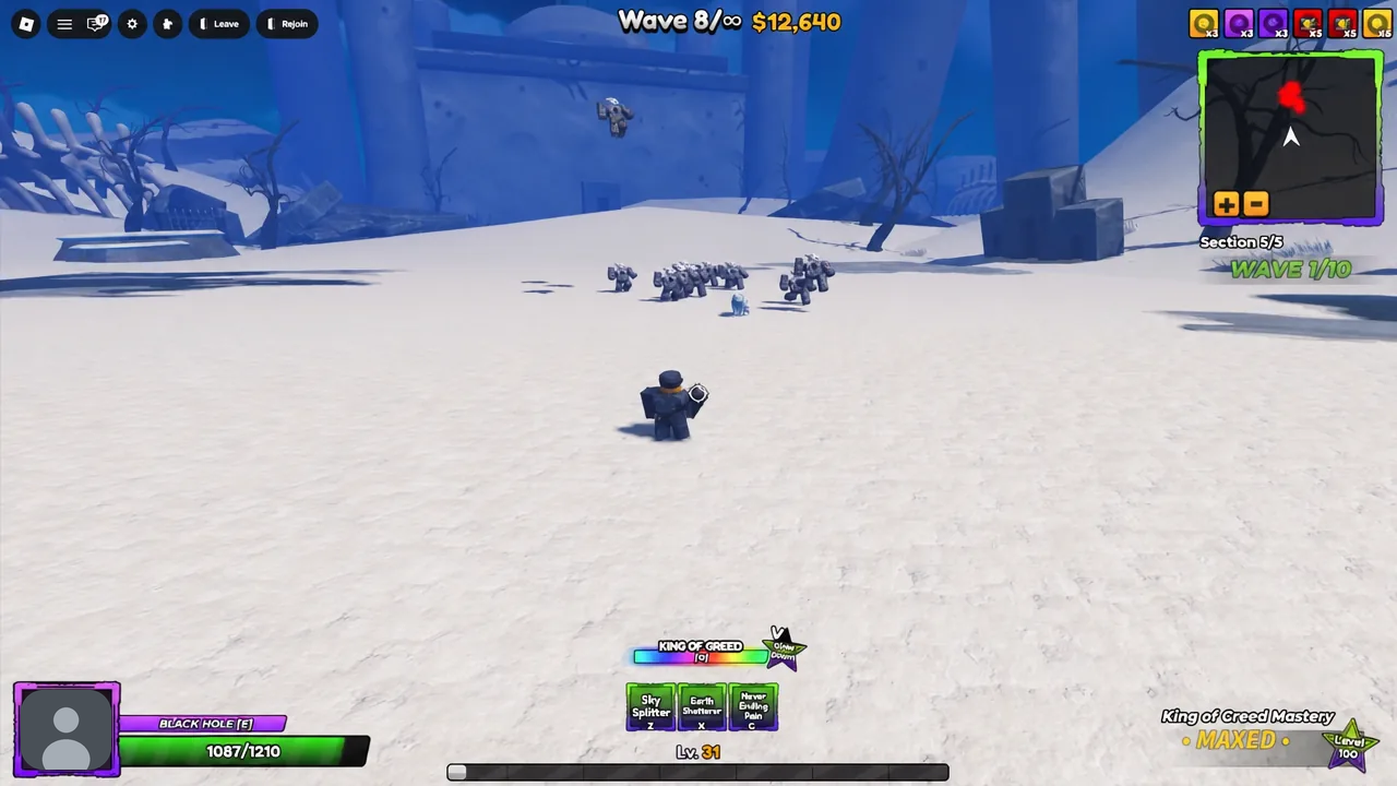 Wave 8 of Infinite mode with the Black Hole gadget triggered as enemies close in