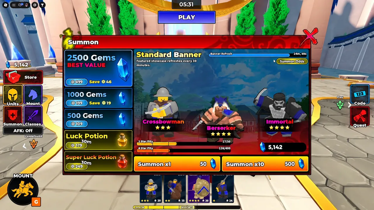 Standard Banner summon menu with Summon x1 and Summon x10 buttons and the gem balance