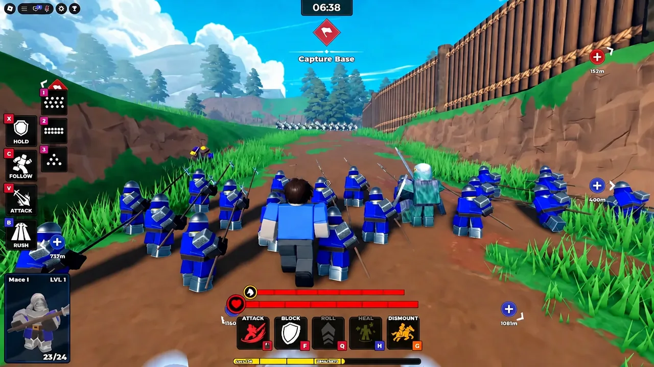 Capture Base objective on screen with the ATTACK command issued to advancing blue troops