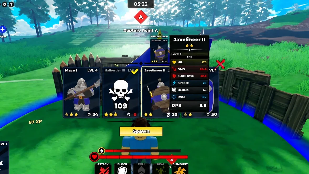 Unit selection screen with Javelineer II highlighted and the Spawn button ready