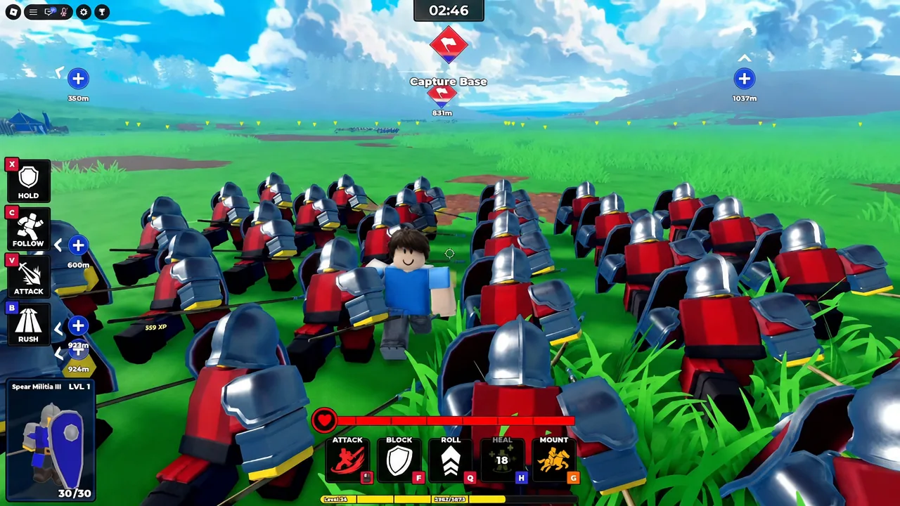 Knight army advancing across open ground with the Capture Base objective active