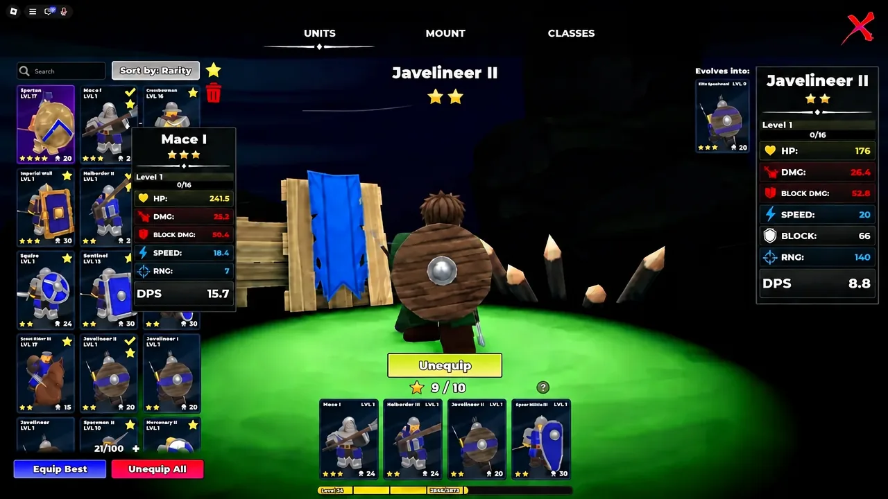 Units screen showing Javelineer II equipped with its stat list and an Unequip button