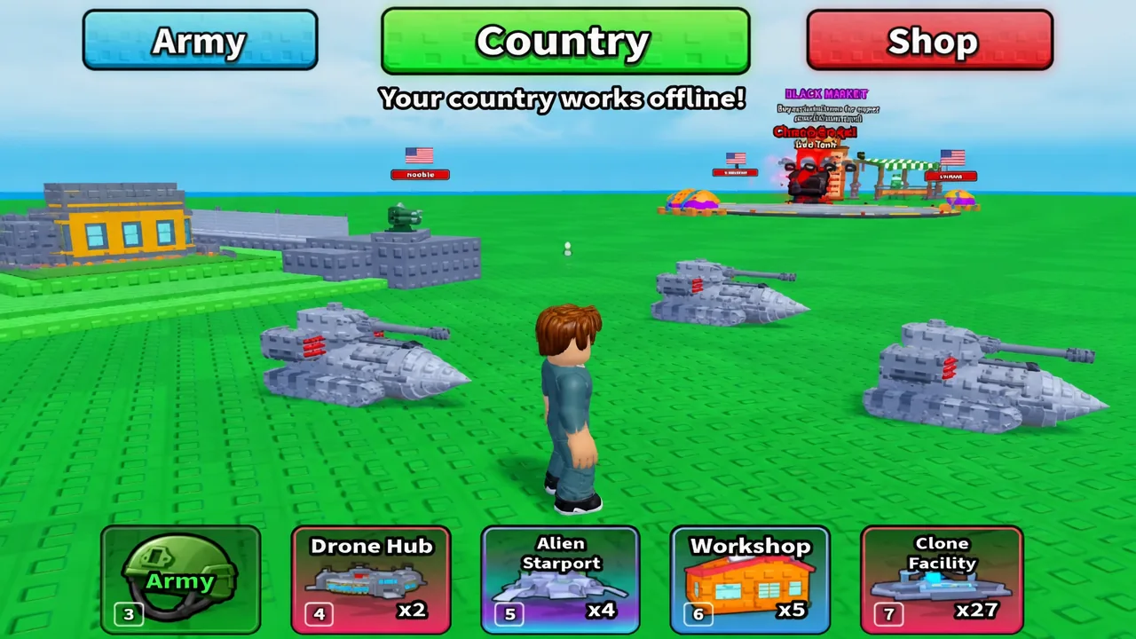 Country screen in Mini War with the Army button highlighted while tanks sit at the army base
