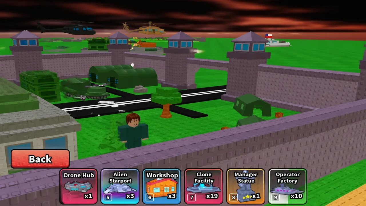 Mini War build menu open with a high-tier structure card highlighted before placement
