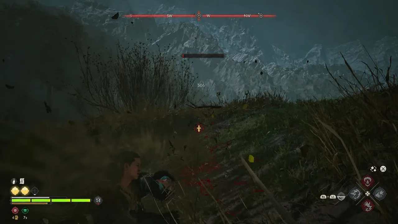 Combat screen with an almost empty enemy health bar and a 506 damage number popping up