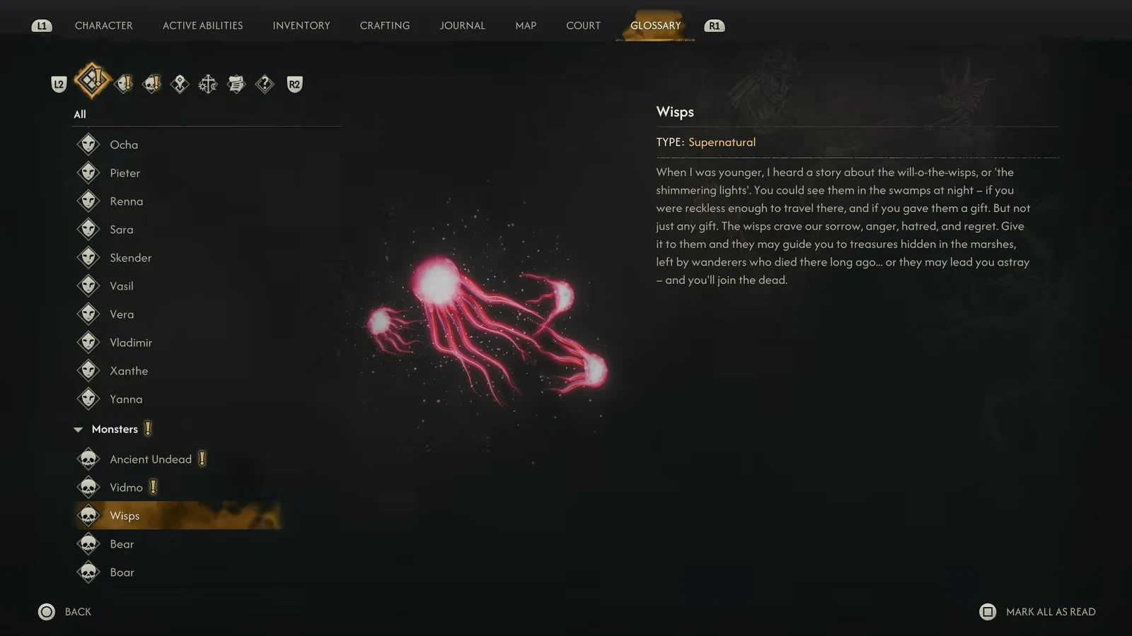 Glossary open on the Monsters tab with the Wisps entry selected, showing artwork and lore text