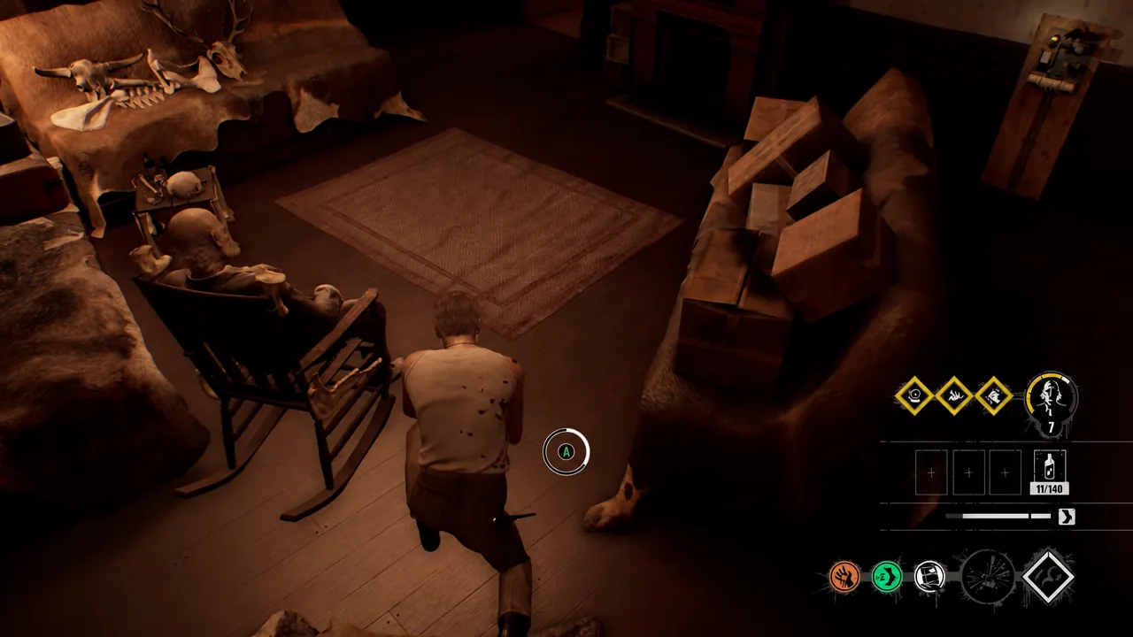 Interaction prompt shown while kneeling beside Grandpa's rocking chair to reset a bomb