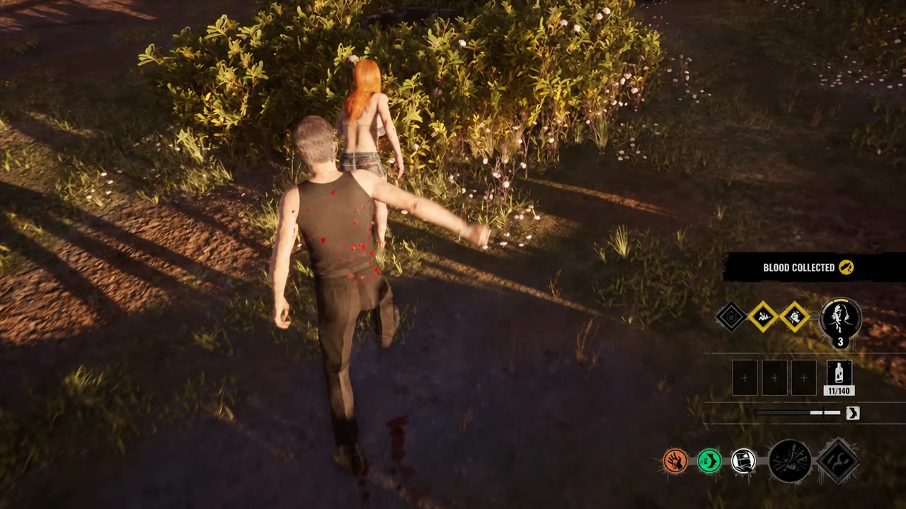 The BLOOD COLLECTED notification appears on screen after harvesting blood in the field