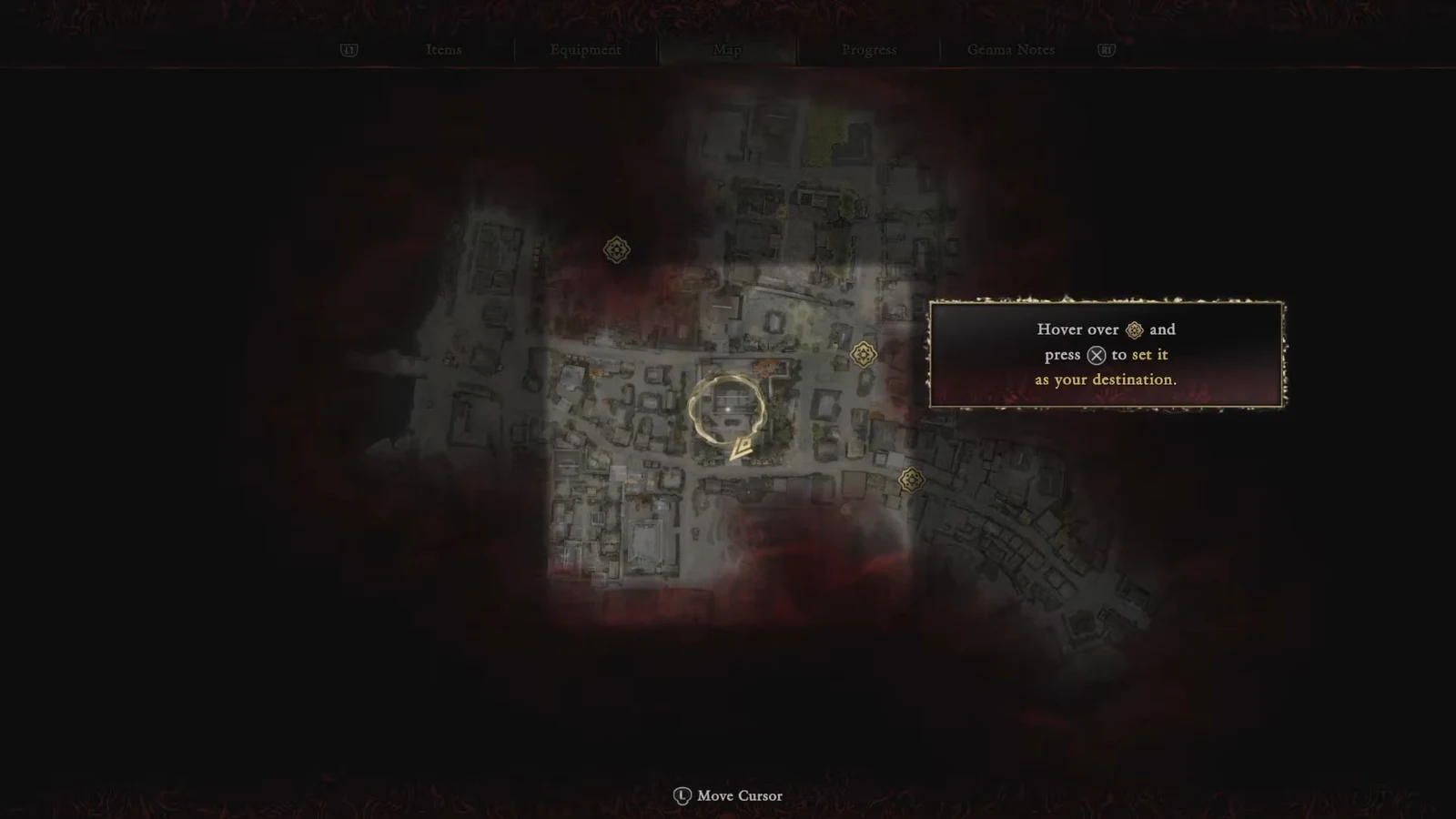 Map screen with a quest marker highlighted and a prompt to set it as the destination