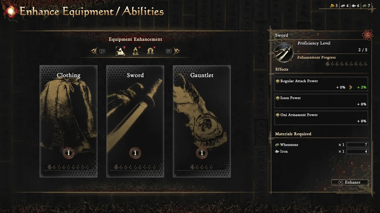 Enhance Equipment menu with the Sword selected and the enhance option available