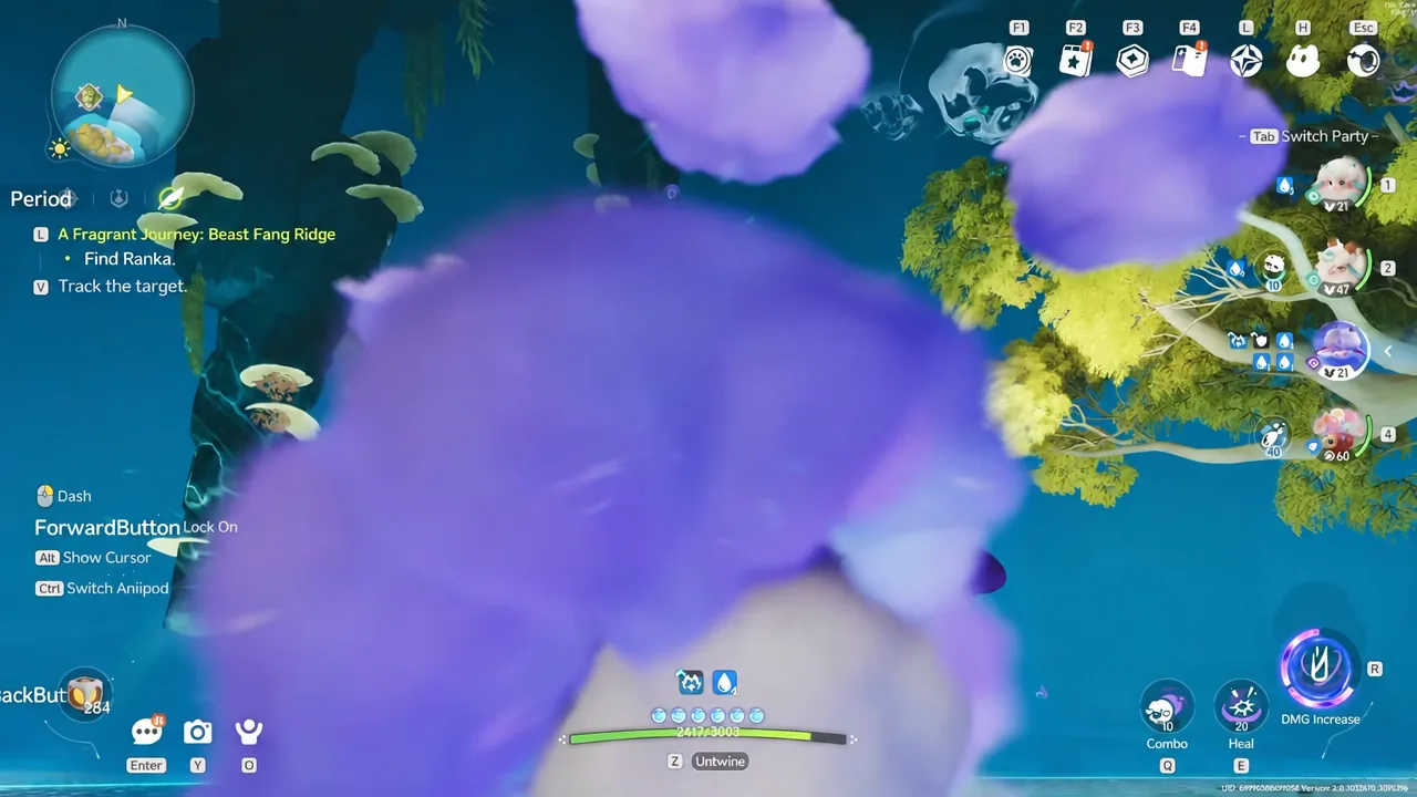 Aniimo combat HUD showing quest objectives alongside the active creature's skill icons