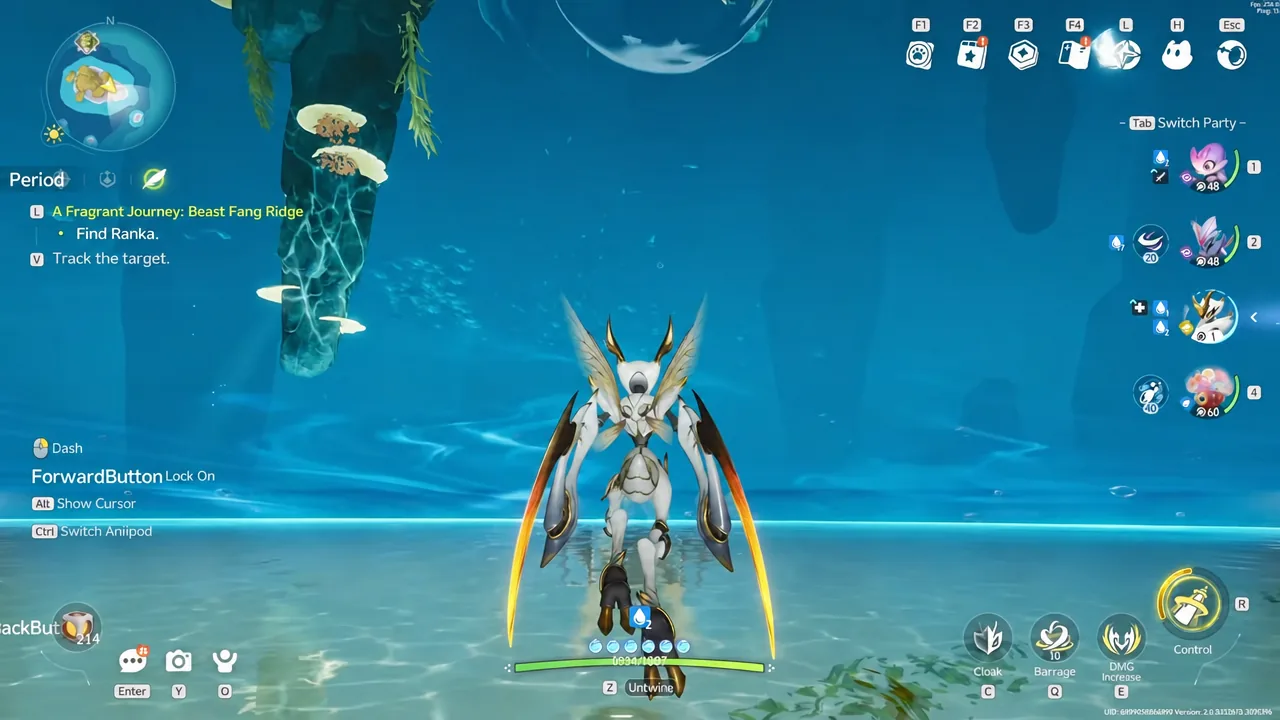 Swimming underwater in Aniimo while the Beast Fang Ridge target tracking objective stays active