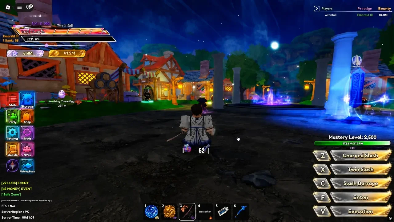 Legacy Piece hub with the Storage button on the left and skill hotkeys along the bottom right