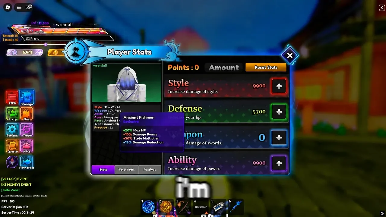 Player Stats screen in Legacy Piece with the Ancient Fishman tooltip open showing its bonuses