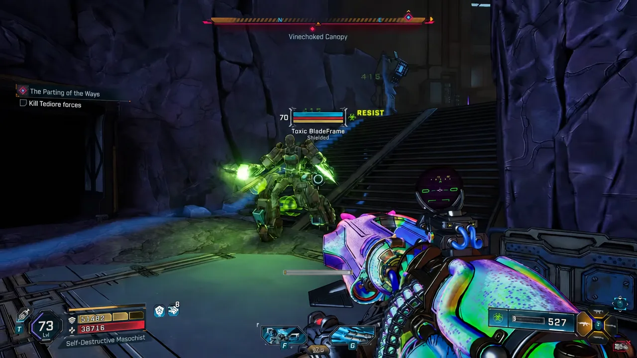 Player firing on a Shielded Toxic BladeFrame during the Tediore ambush inside the lab
