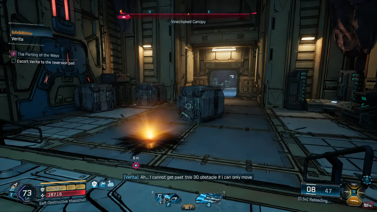 Escort Verita to the reversion pad objective with a glowing obstacle marked five meters ahead