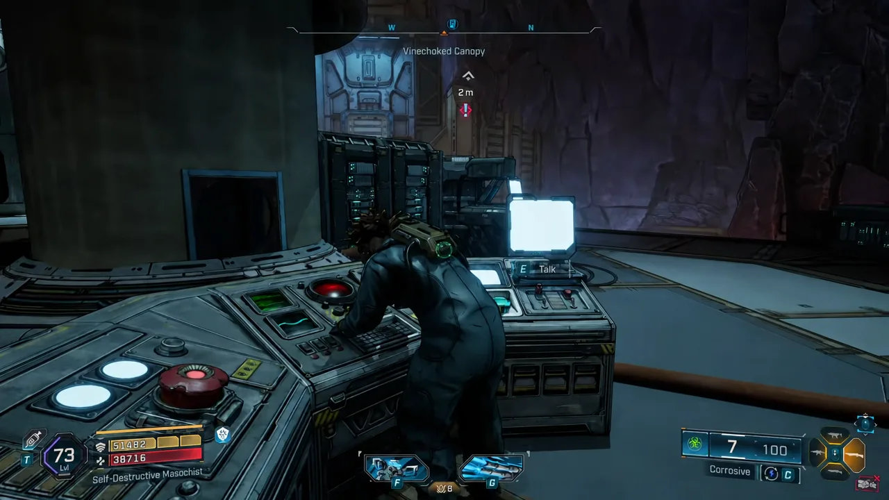 The E Talk prompt highlighted in the Vinechoked Canopy lab as the player starts the conversation