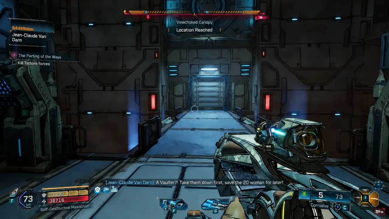 Kill Tediore forces objective active while the player aims at a lab doorway in Vinechoked Canopy