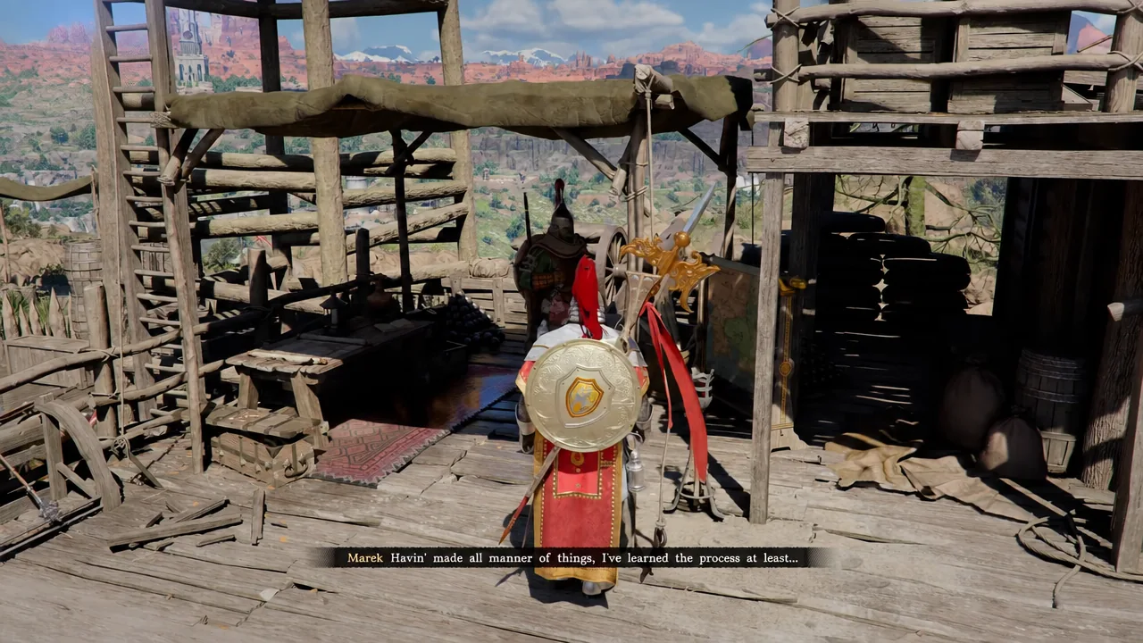Kliff standing at Marek's workbench as the cauldron dialogue plays out