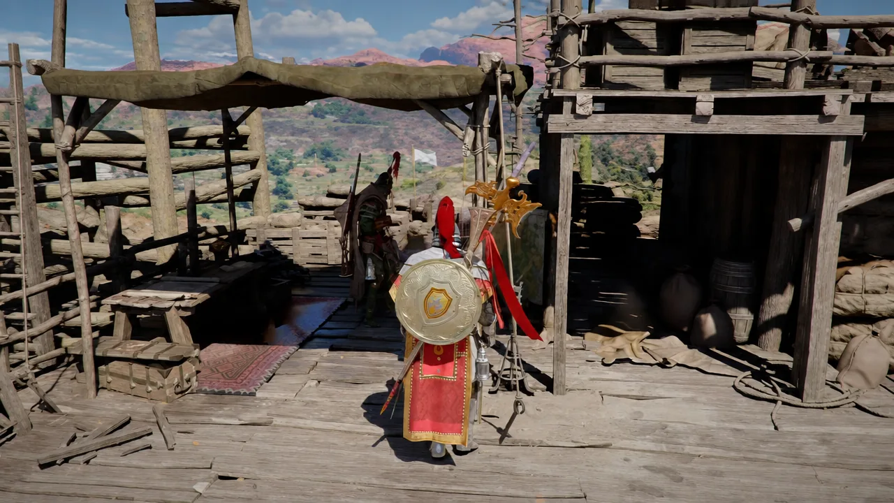 Armored Kliff walking across a wooden fort platform at Grandore Outpost toward an NPC
