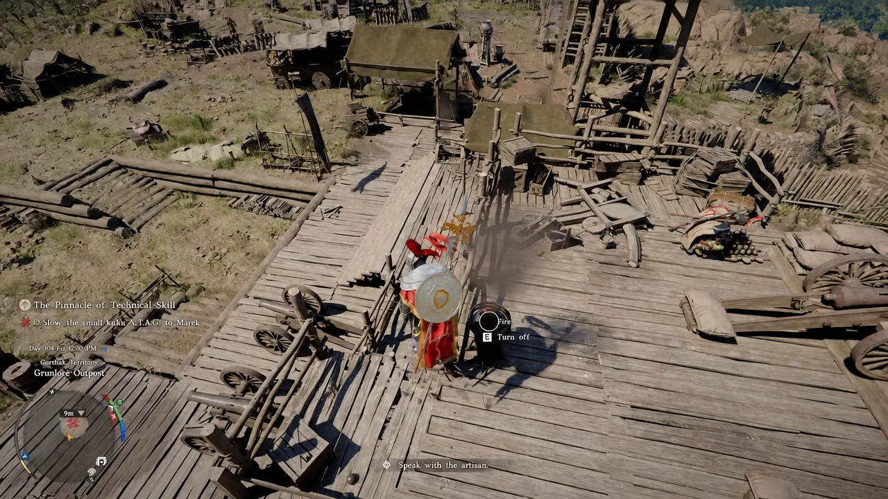Interact prompt reading E Turn off highlighted over a fire inside the outpost workshop