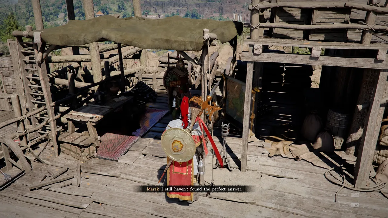 Marek speaking to Kliff with the subtitle I still haven't found the perfect answer on screen