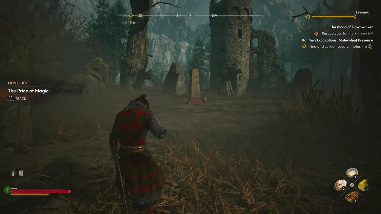 The Price of Magic side quest appears on screen with a TRACK prompt inside the foggy stone circle
