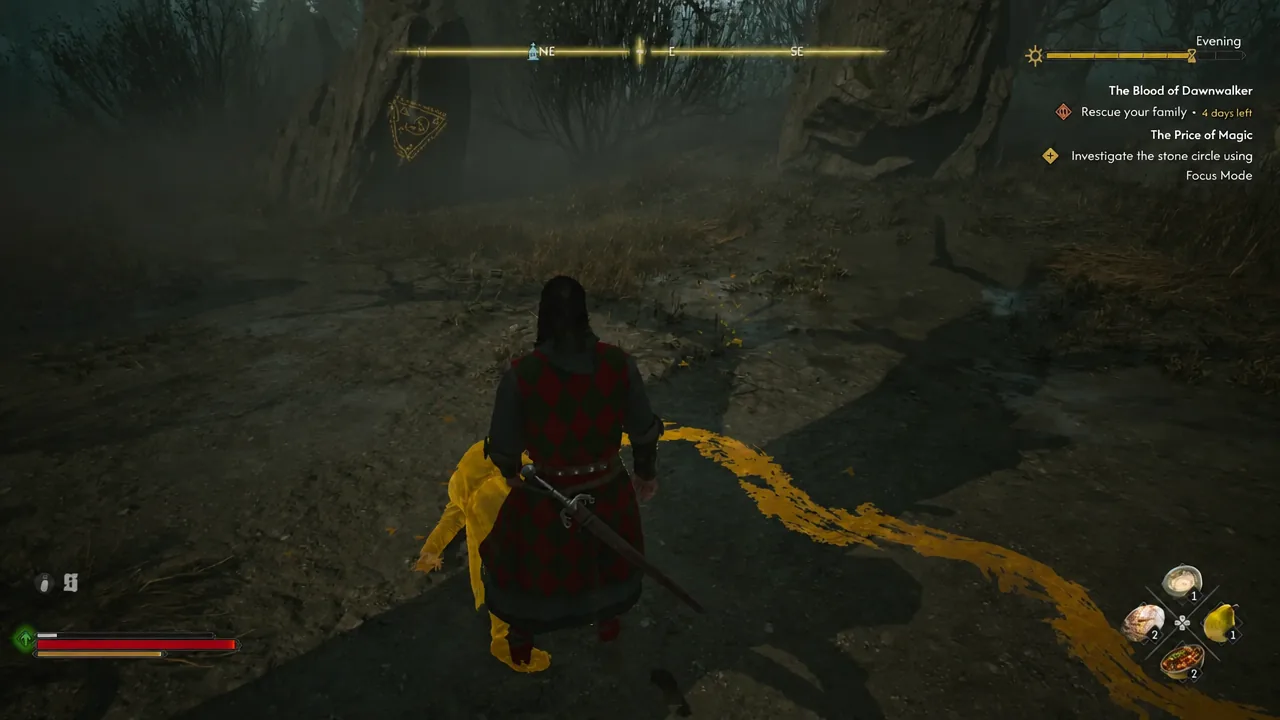 Focus Mode highlights a glowing trail leading through the stone circle with the quest tracker on screen
