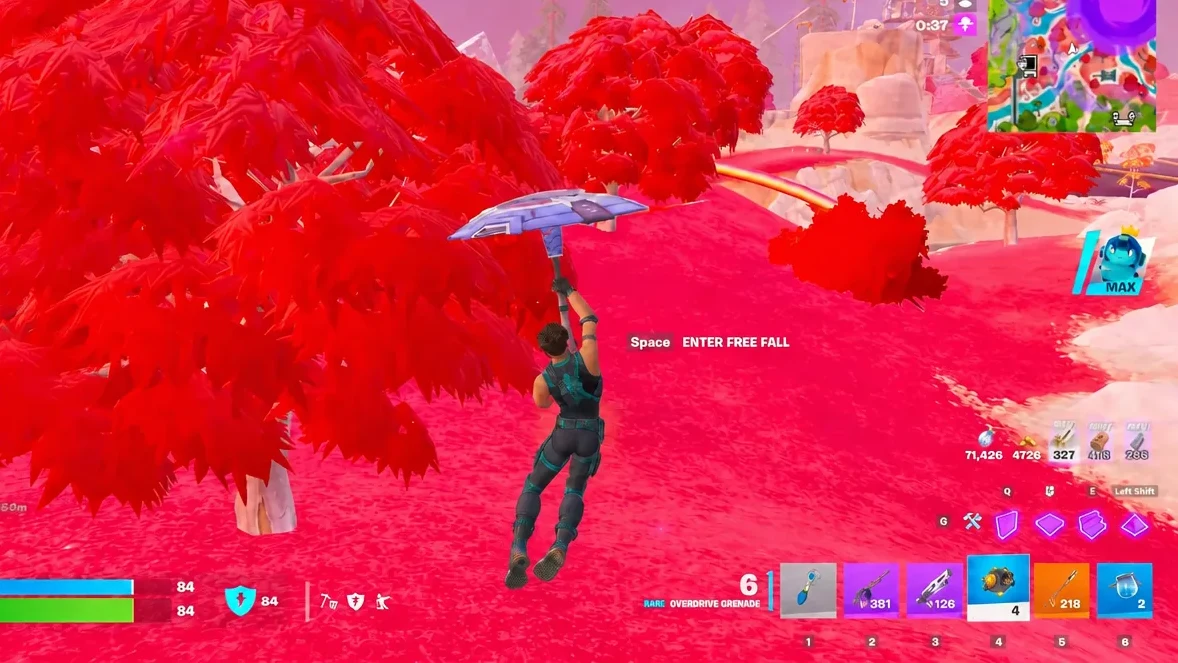 Glider descent with the Space enter free fall prompt visible on screen