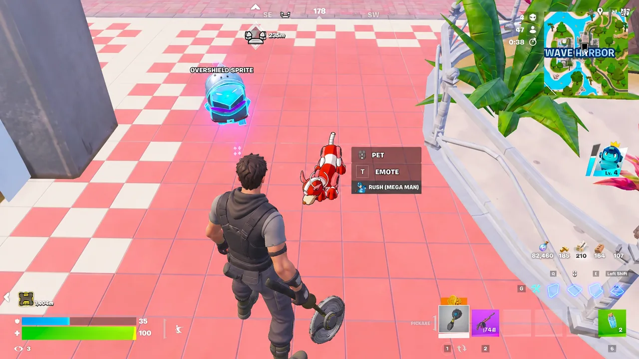 Pet interaction menu showing the T button emote option for the Rush Mega Man pet