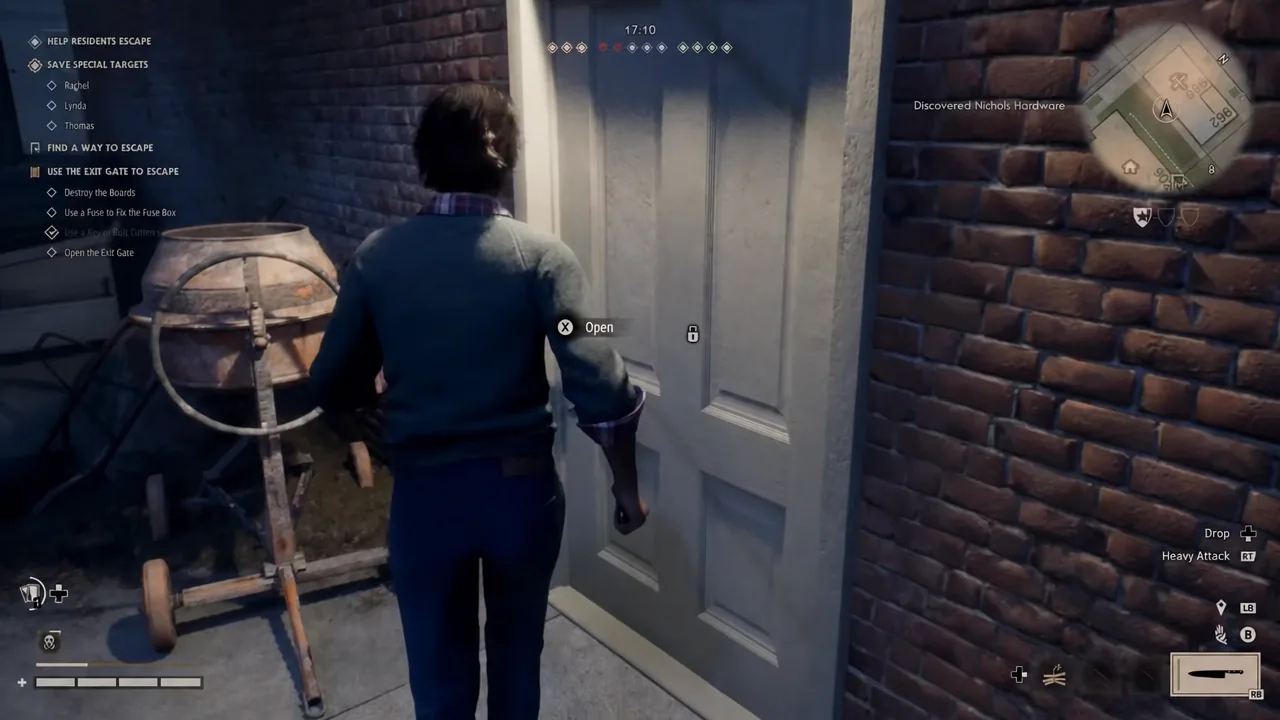 The Open prompt displayed on a locked exit gate during a Haddonfield match