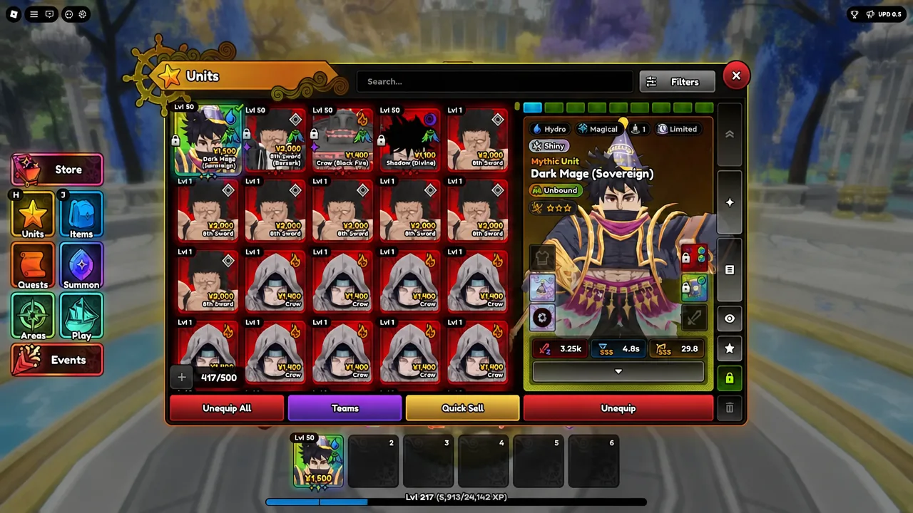 Units menu with Dark Mage (Sovereign) selected, showing its unit details and equipment slots