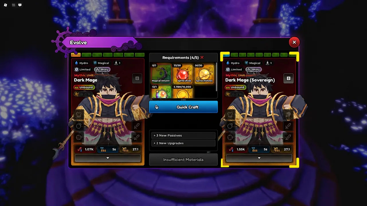 Evolve screen for Dark Mage (Sovereign) showing missing evolution materials during Quick Craft