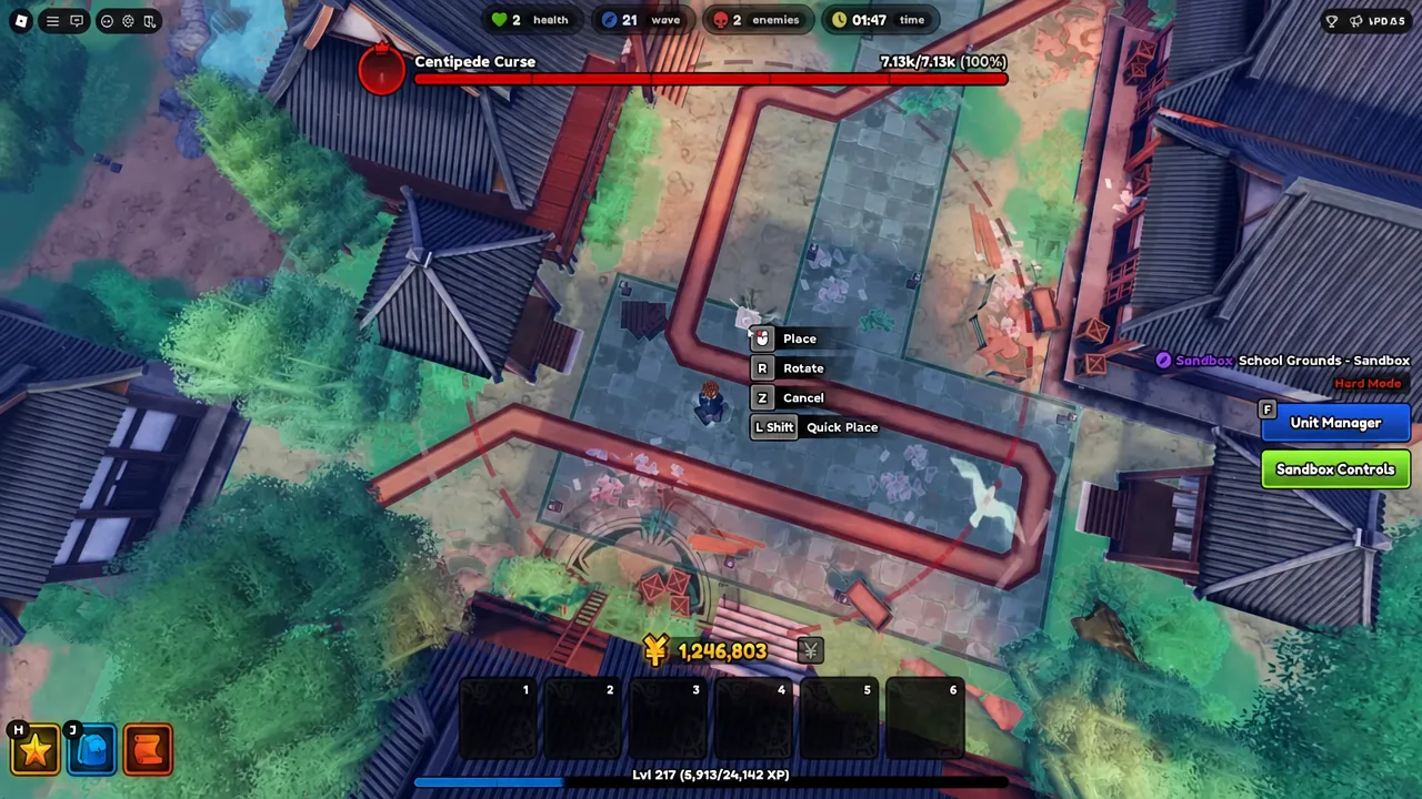 Sandbox mode on School Grounds with the Place control active while positioning a unit