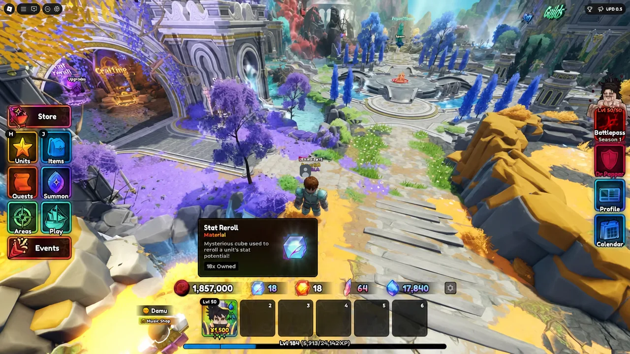 Game hub screen with the Stat Reroll item tooltip showing how many are owned