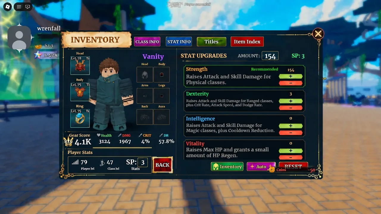 Stat Info tab in the inventory with Strength selected and allocation buttons visible