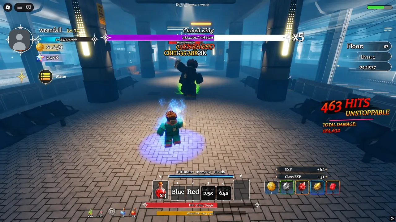 Fighting the Cursed King boss in Boss Rush with the ultimate meter showing as ready