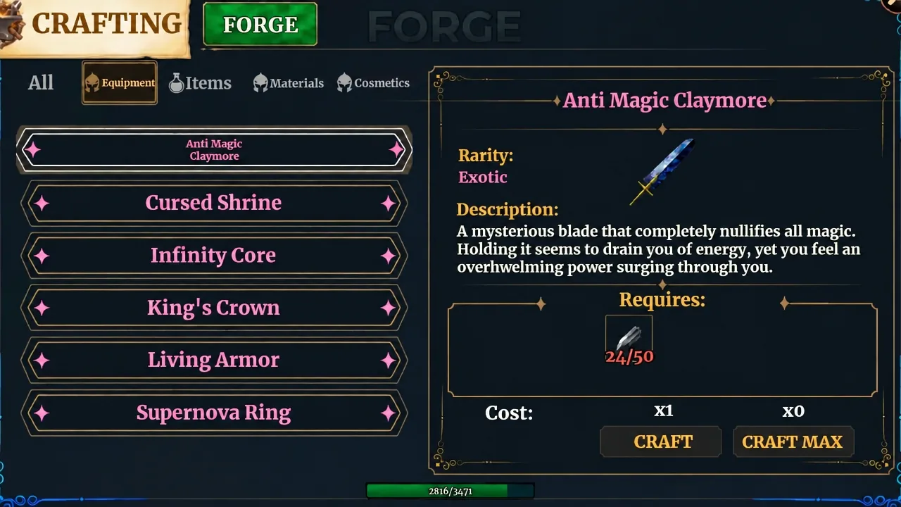 Forge crafting screen with the Anti Magic Claymore selected and its requirements listed
