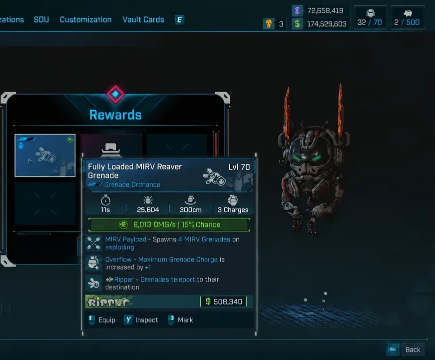 Fully Loaded MIRV Reaver grenade mod highlighted on the mission rewards screen