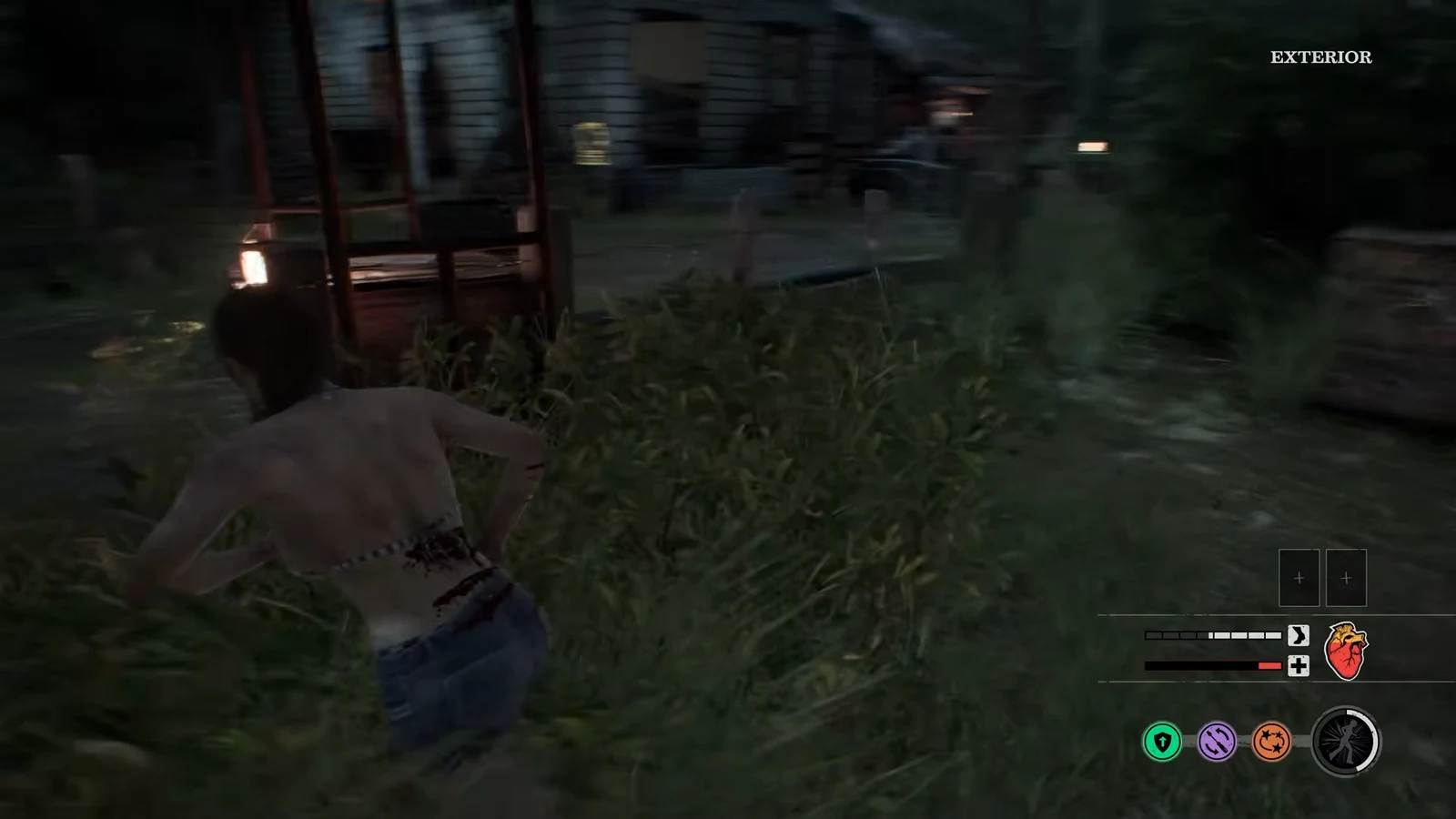 Injured victim crouch-running through tall grass past a wooden cart in the exterior area