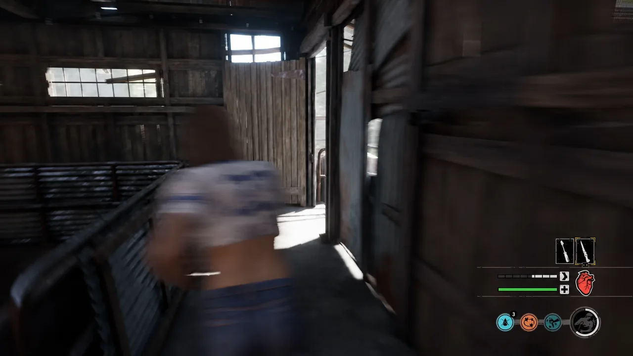 Victim moving through a wooden barn toward an open doorway with the right-hand weapon slot highlighted