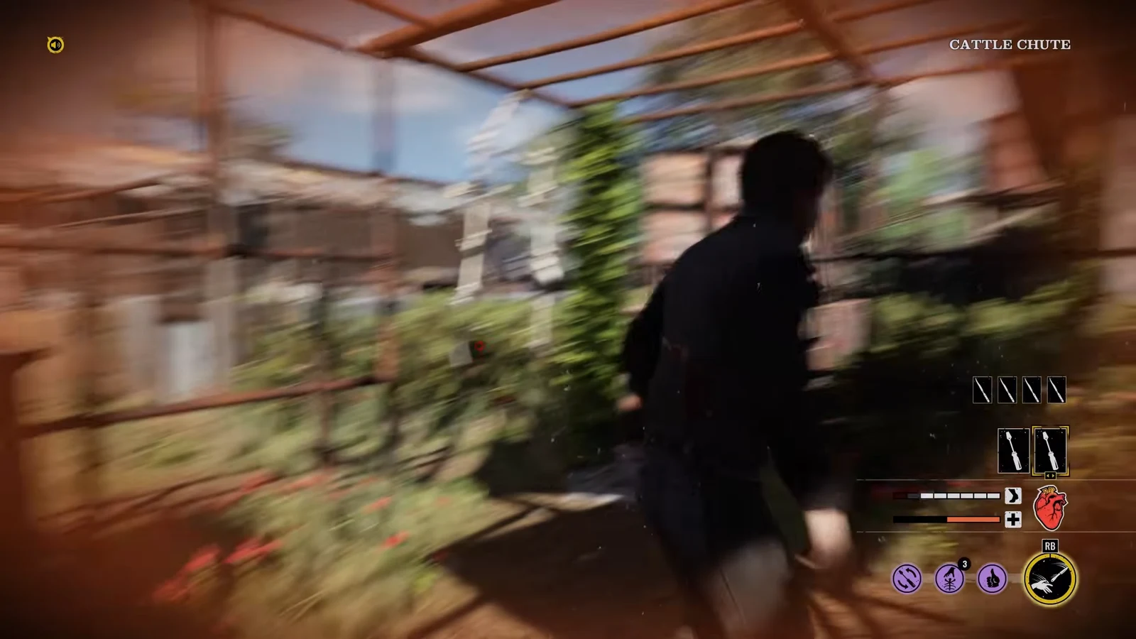 Victim sprinting through the Cattle Chute enclosure at the Slaughterhouse with the weapon and health HUD visible