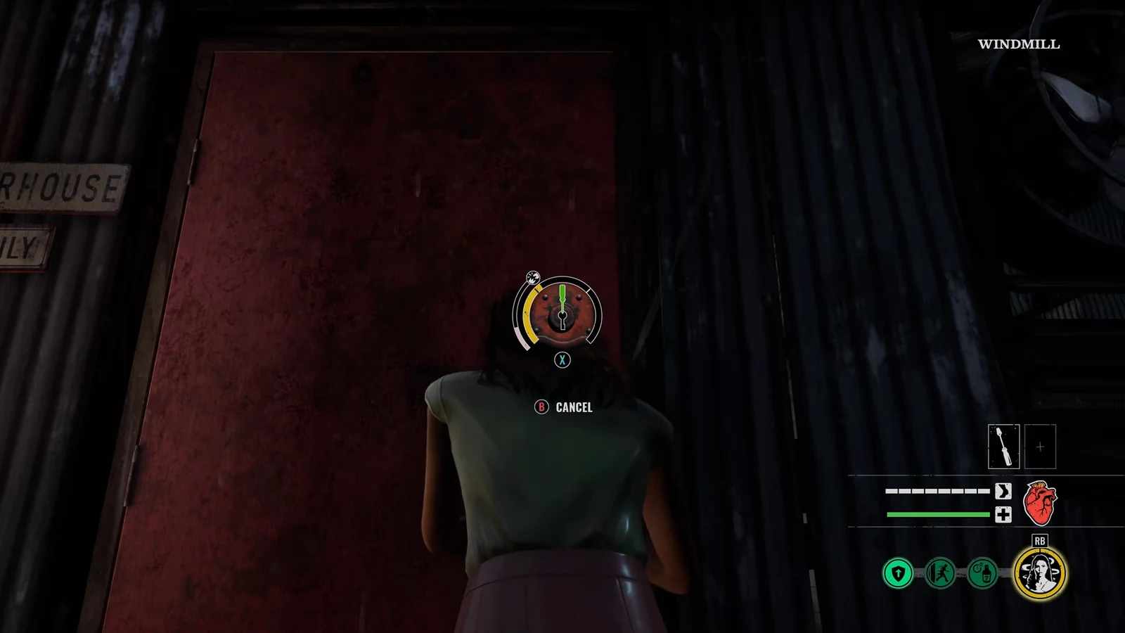 Lockpicking minigame at a red basement door with the circular alignment indicator on screen