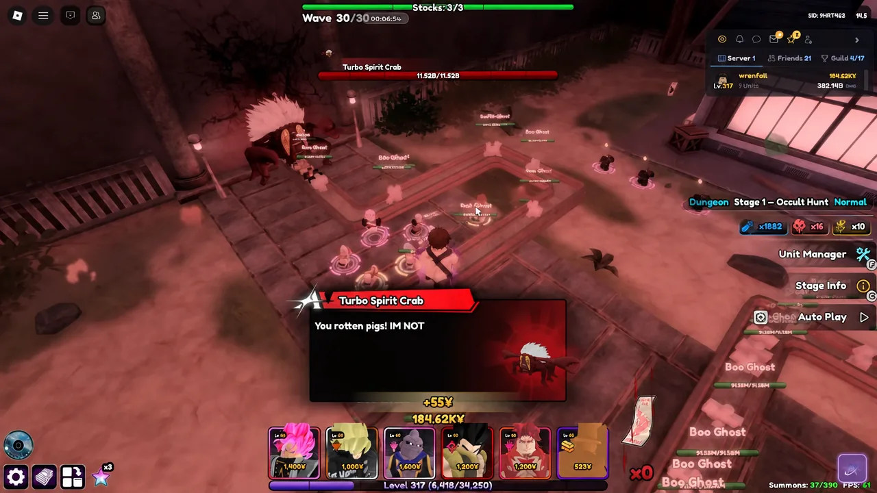 Dungeon Stage 1 Occult Hunt with the Turbo Spirit Crab dialogue box showing its attack callout